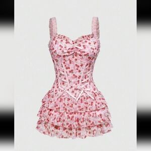 ROMWE Pink Cherry Print Mini Dress